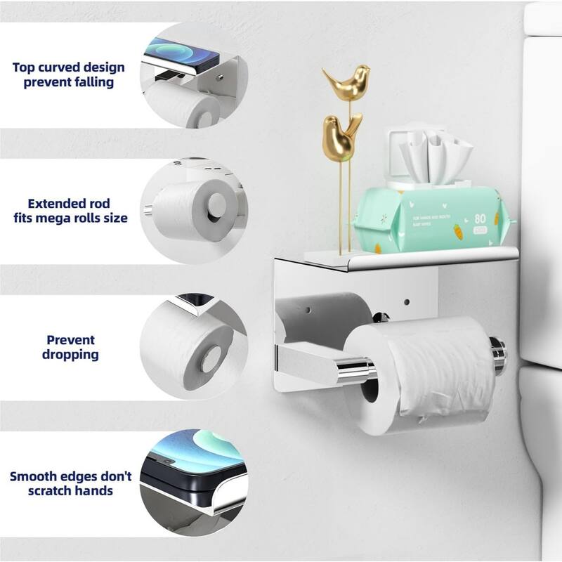 Stainless Steel Self-Adhesive Wall Mounted Toilet Paper Holder with Shelves for Bathroom, Kitchen, RV