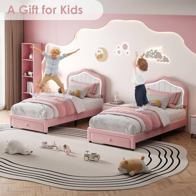 Twin Upholstered Platform Bed with LED Headboard & Storage Drawer, Wood Slat Support for Kids