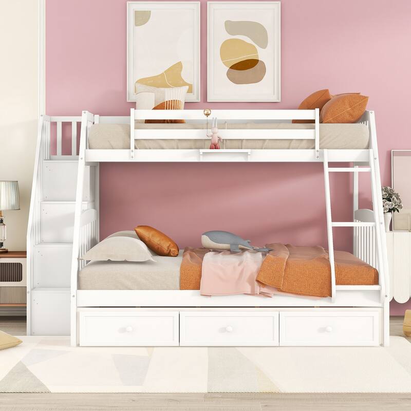 White Twin-Over-Full Bunk Bed with Storage Drawers and Staircase - White