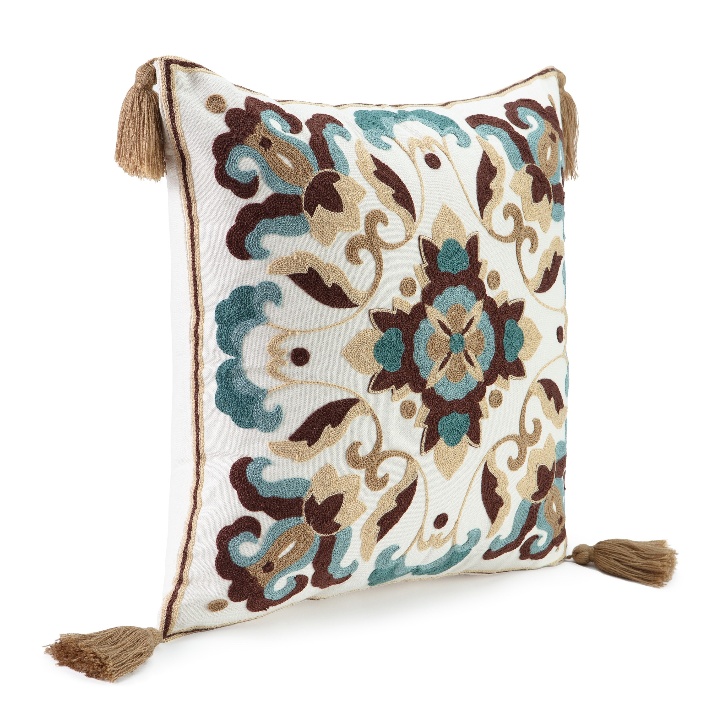 Blue Brown Throw Pillow Cover Embroidered Farmhouse Decorative 