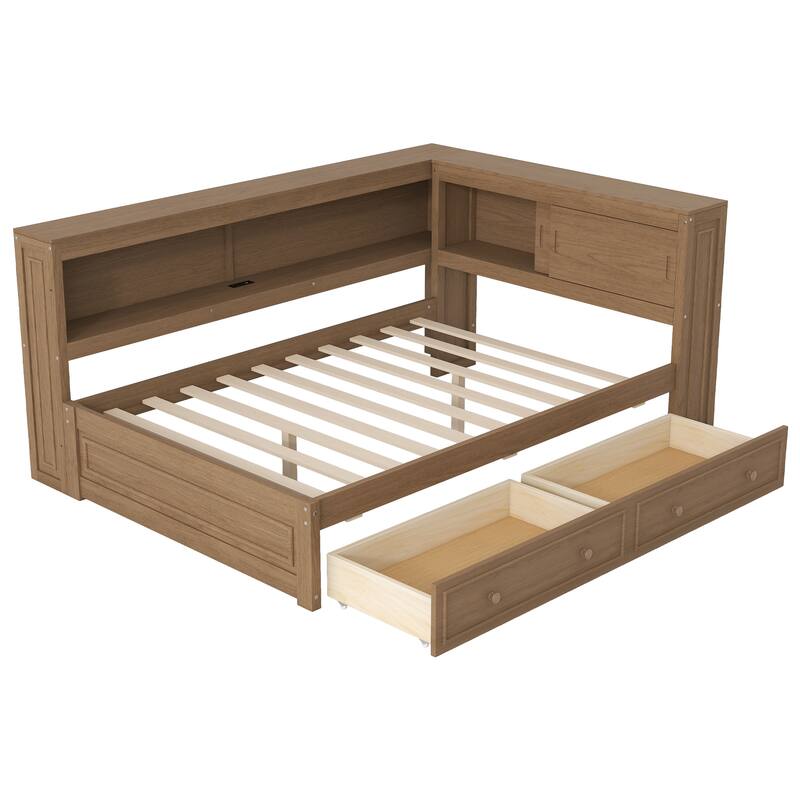 Roomfitters Full Size Wood Daybed with LED Lights, USB Ports and 2 Drawers