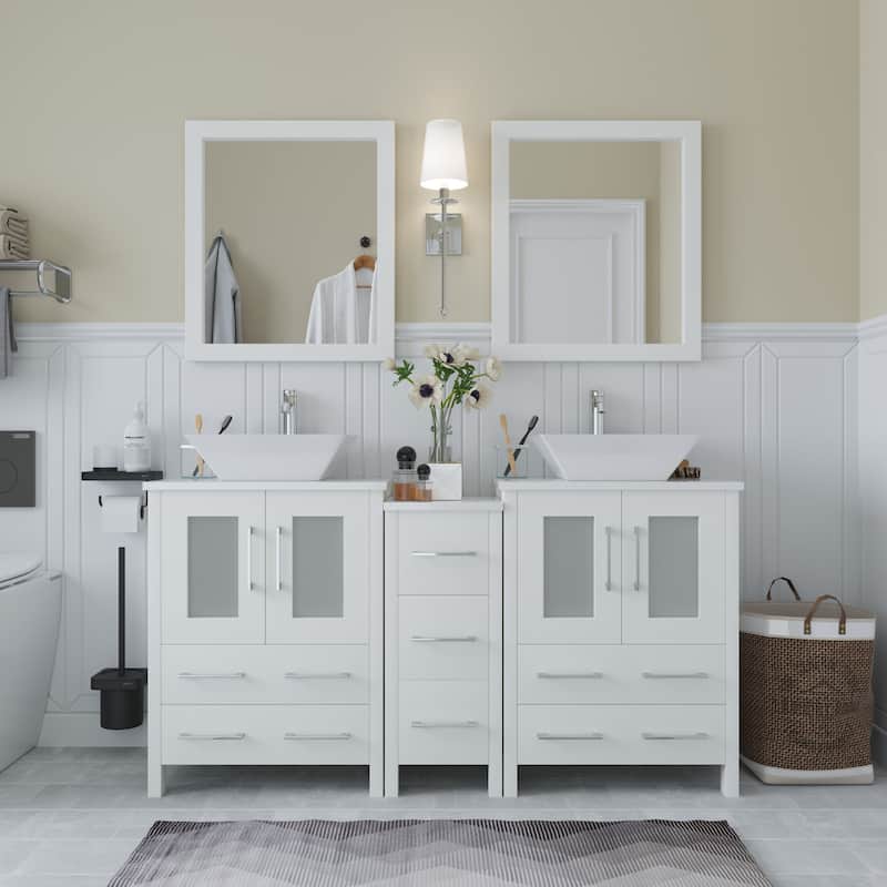 Vanity Art 60" Double Sink Bathroom Vanity Set with Engineered Marble Top and Free Mirror - 60 W X 18.5 D X 31.1 H - White