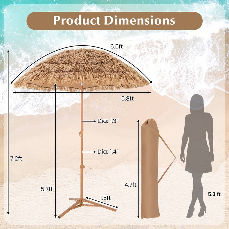 Gymax 6.5 FT Thatched Tiki Umbrella w/ Foldable Stand Hawaiian Style