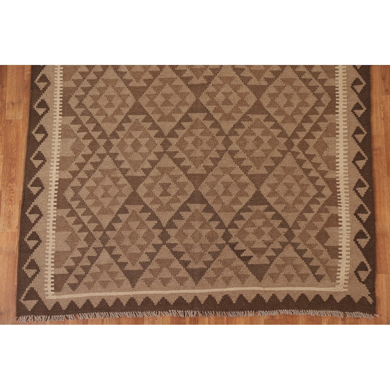 Brown Kilim Oriental Area Rug Flat-weave Wool Living Room Carpet - 5'6" x 8'1"