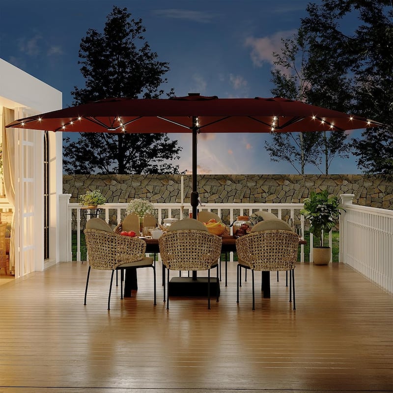 15FT Patio Umbrella with Solar Lights and Crank Handle,Base Included - Wine red
