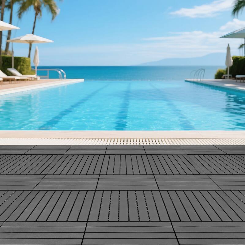 24 pieces of dark gray outdoor terrace deck tiles, DIY interlocking decking floor tiles, easy to install patio tiles