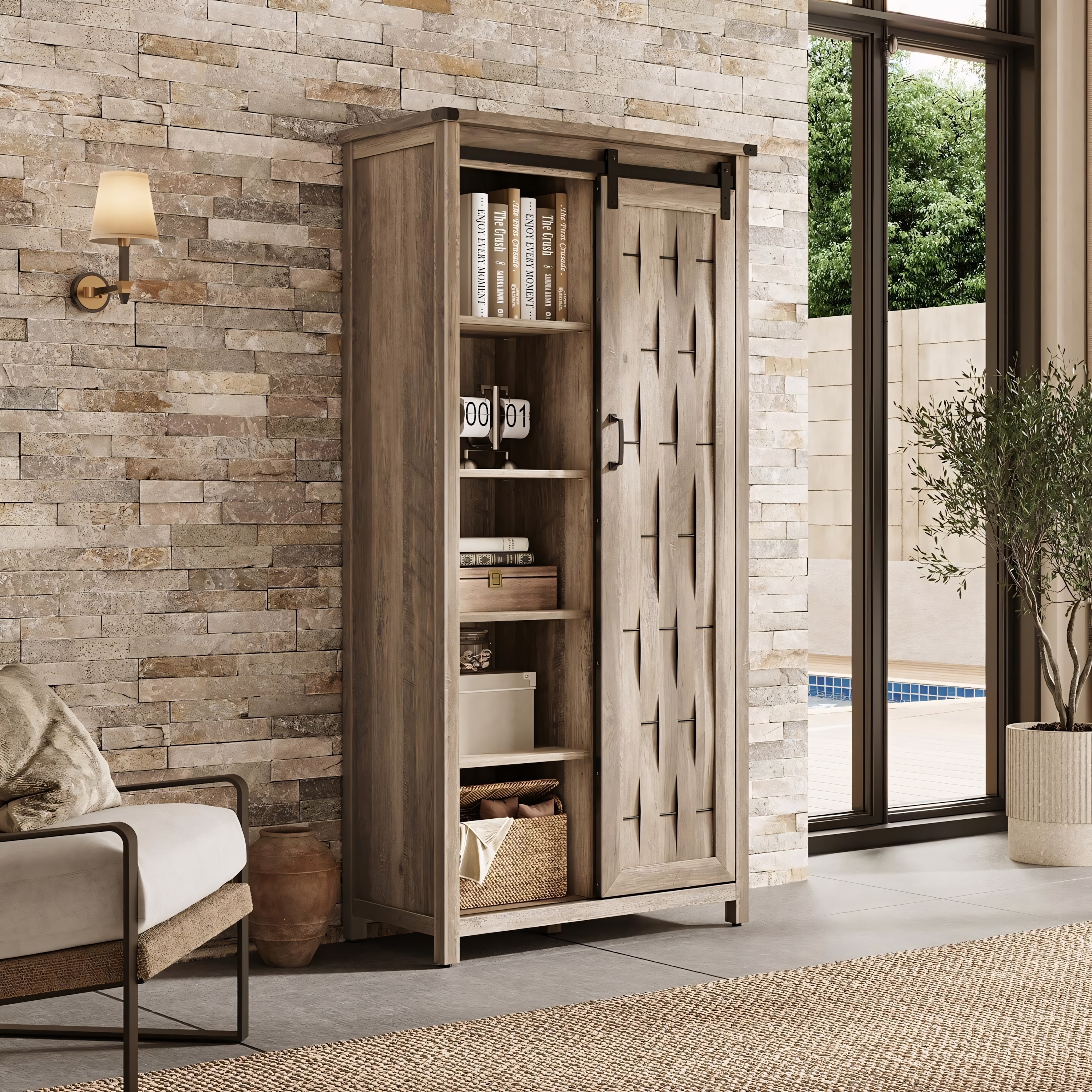 Farmhouse Bookcase with 6 Adjustable Shelves and Doors for Living Room or Home Office