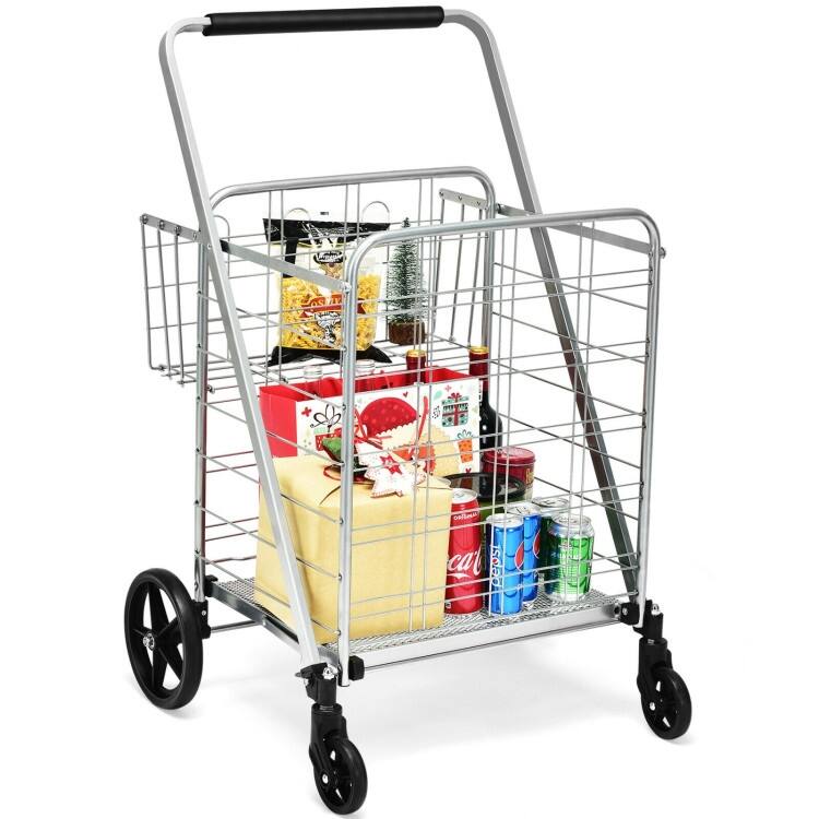 Multi-Purpose Foldable Grocery Cart with 360 Degree Front Wheels and Large Basket and Back Storage - 25" x 25" x 40"(L x W x H)