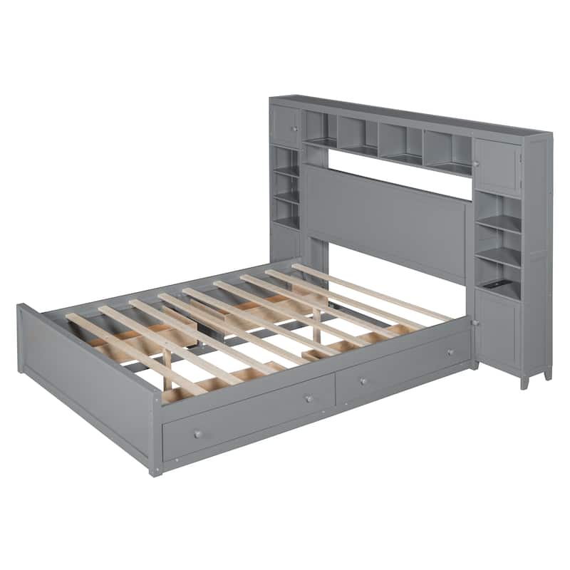 Grey Wooden Queen Size Bed With Integrated Storage Cabinet, Shelf, and Drawers, USB Ports