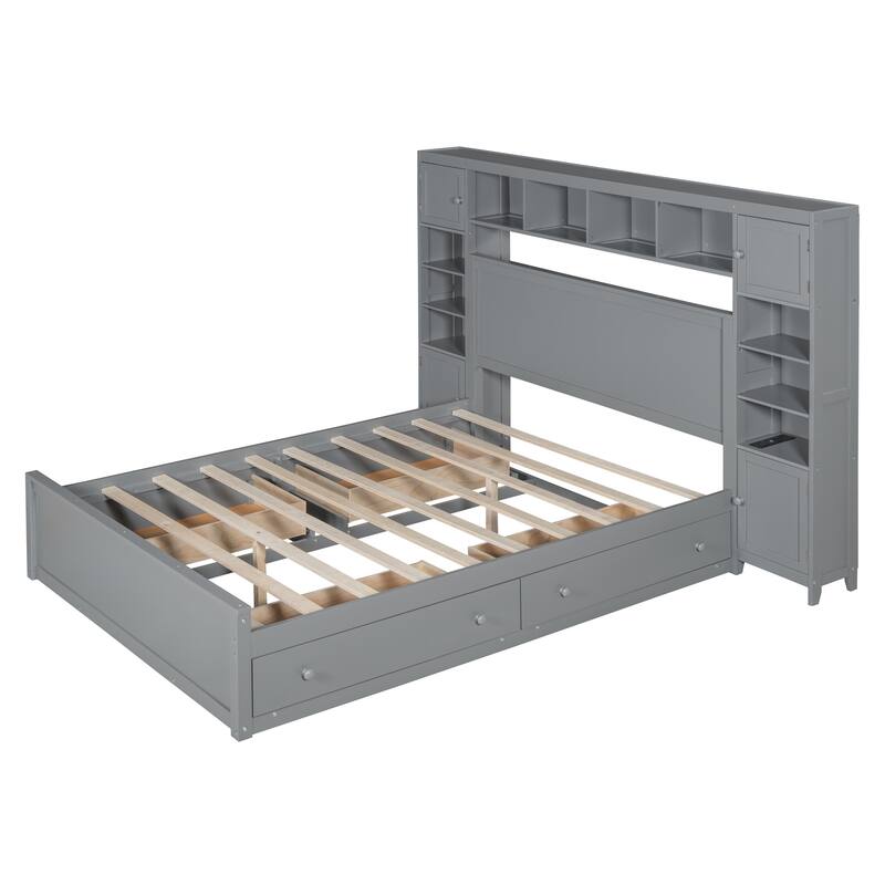 Queen Size Wooden Bed with Built-in Storage, Shelves, and Outlets in Gray
