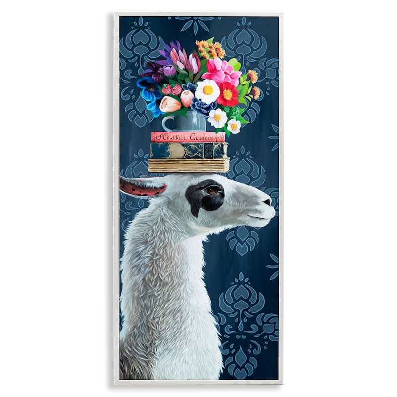 Stupell Llama with Book & Flower Arrangement Framed Giclee Art Design By Heather Gauthier - 10 x 24 - White