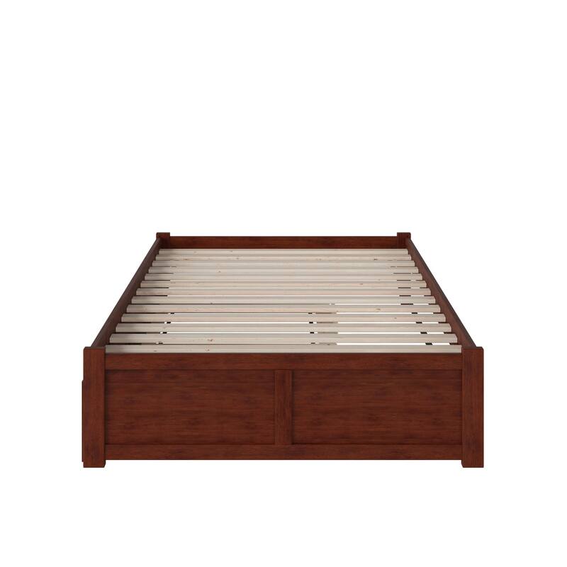 Full Platform Bed with Trundle - Twin Size, Walnut Finish - Modern & Simple Design