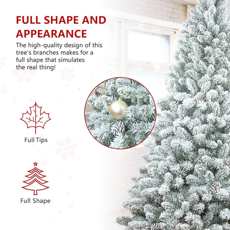 4FT Flocked Christmas Tree with Pine Cones-Snowy PVC Artificial Tree, 366 Branch Tips, 21 Natural Pinecones, Sturdy Metal Stand