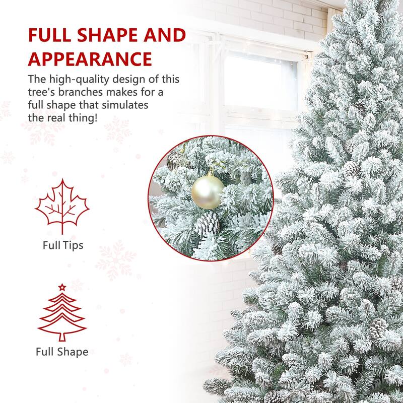 Flocked Artificial Christmas Tree - Snowy PVC Branches, Pine Cones, Metal Stand, Full Shape - Green,White
