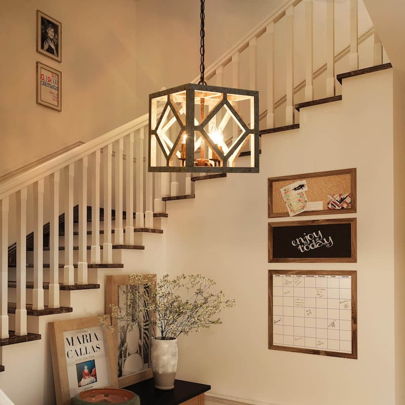 Farmhouse 4-Light Distressed Wood Chandelier for Dining Room - L12"x W12"x H14"