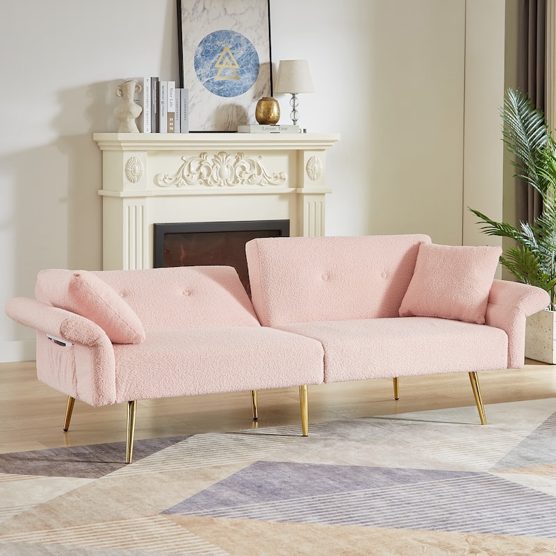 Upholstered Accent Loveseat Sofa With Side Pocket,Folding Sleeper Sofa Bed With Foldable Armrest - Pink