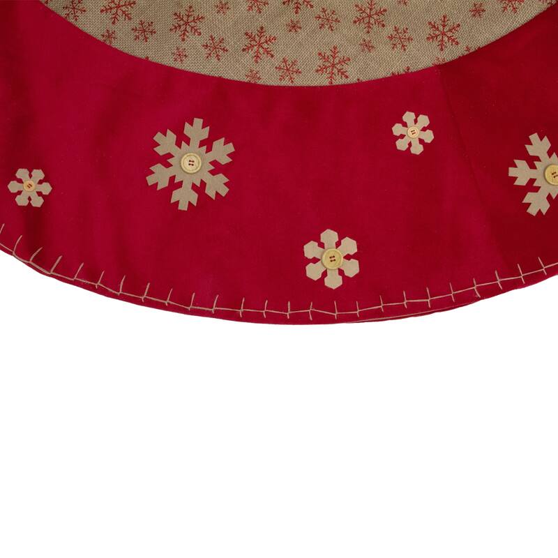 60" Burlap Glittered Snowflake Rustic Christmas Tree Skirt with Red Velvet Trim