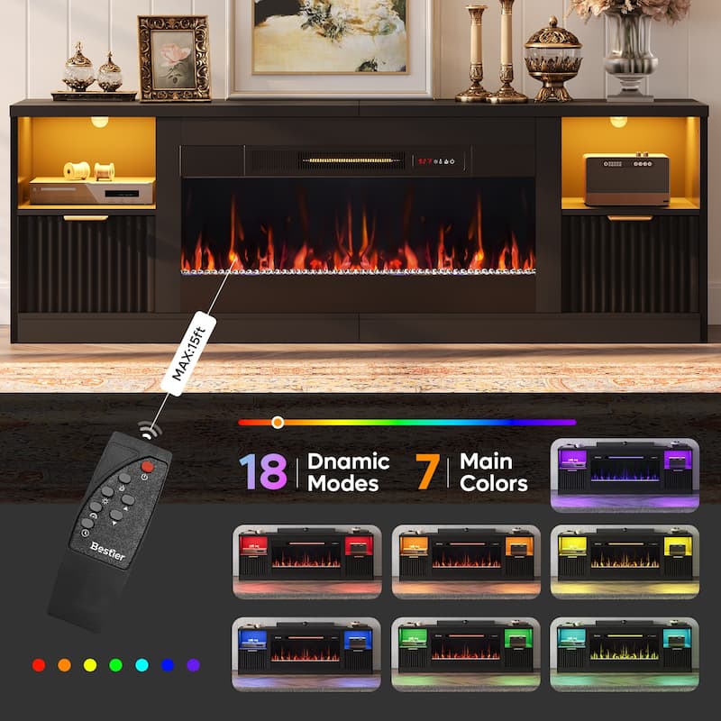 Bestier 71 in. Fluted Glossy White TV Stand with Electric Fireplace Fits TV Up to 75 in. Entertainment Center with Cabinet