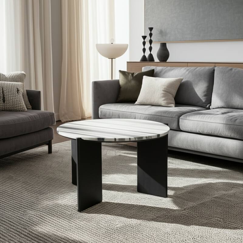 Marble Coffee Table Modern Round Home Decor Styling - 17" Black/White - 32" x 32" x 17" - 32" x 32" x 17" - Black/ White - Marble