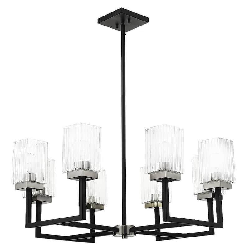 Rigsby Black+Brushed Nickel 8-Light Linear Chandelier with Clear-Rippled Square Glass Shades