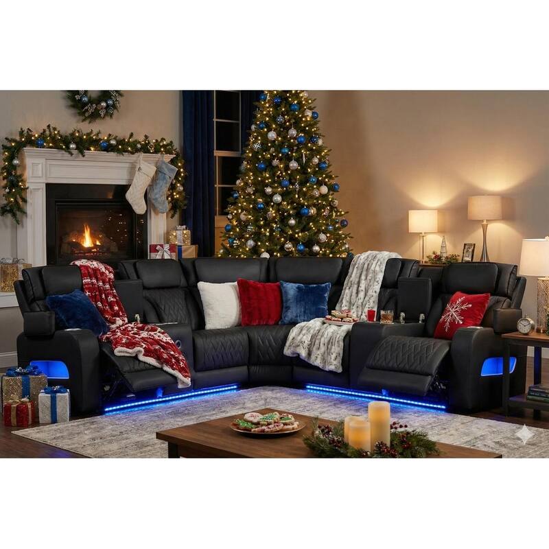 Jazz 117"W Leather Aire Power Reclining Sectional Sofa w/Power Headrest, Bluetooth Speakers, LED, USB, Storage & Cupholders
