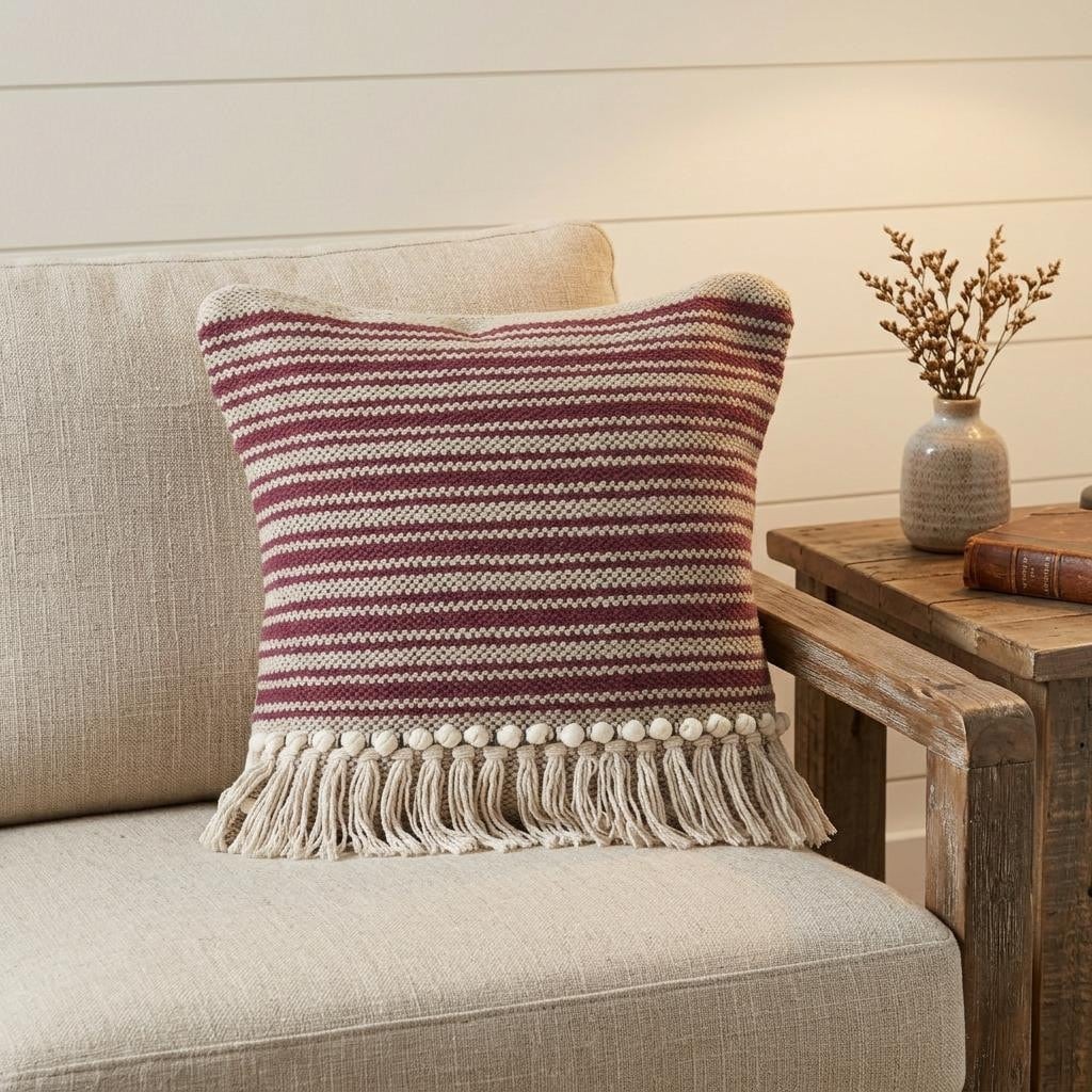 HomeRoots 20" Maroon And Tan Cotton Striped Throw Pillow with Fringe