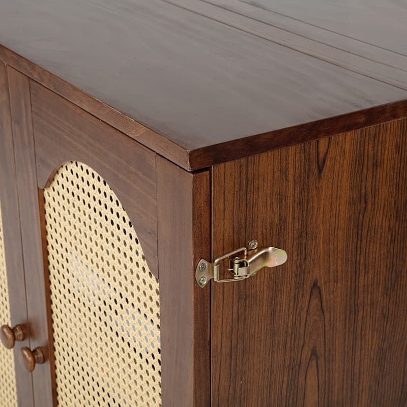 Pine Wood Cabinet Bed with Power Station and Rattan Decoration Panel