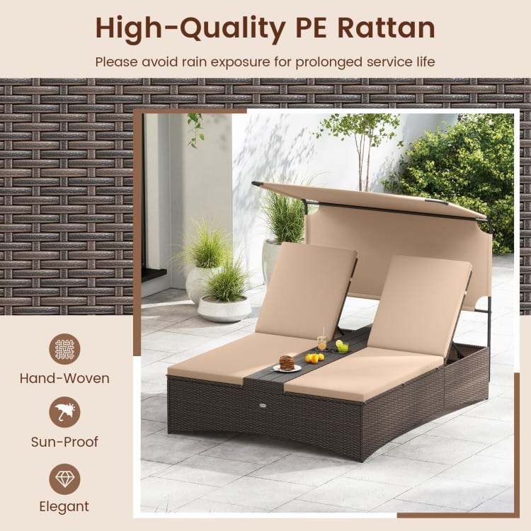 Mix Brown PE Rattan Outdoor Daybed with Cushions and Adjustable Canopy - 75.5" × 59" × 61"