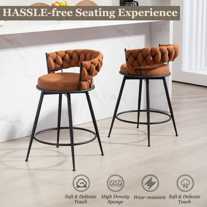 XINMICS 360° Swivel Bar Stools, 24 Inches Modern Counter Height Bar Stools with Woven Back, Upholstered Suede Tall Barstools