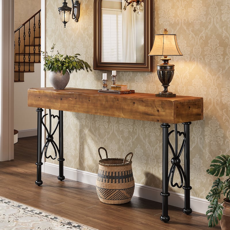 55" Farmhouse Console Table with Solid Wood Tabletop for Entryway