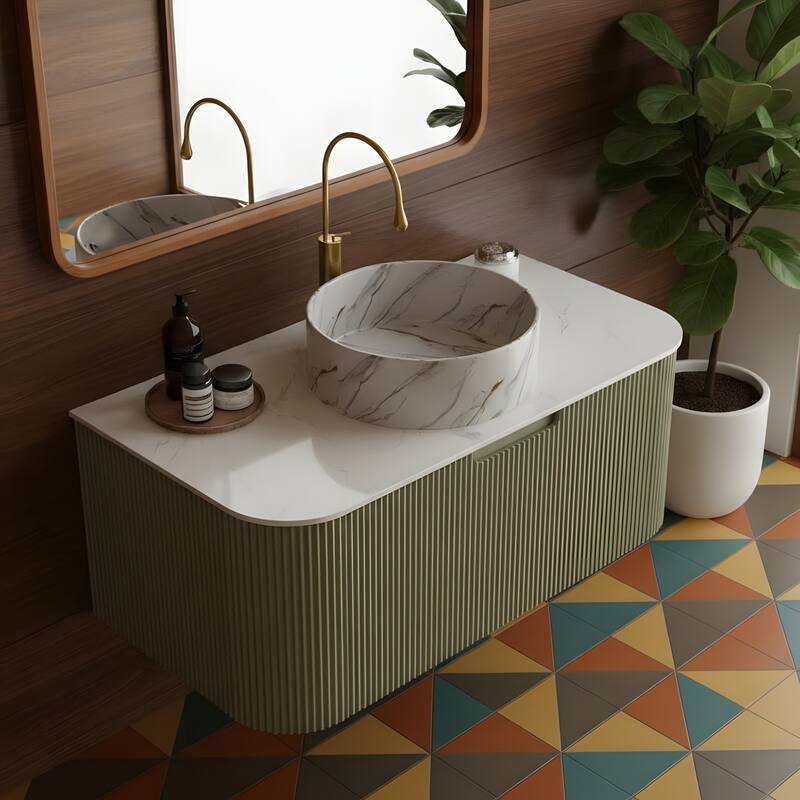 Floating Bathroom with Round Ceramic Basin and Storage Drawer