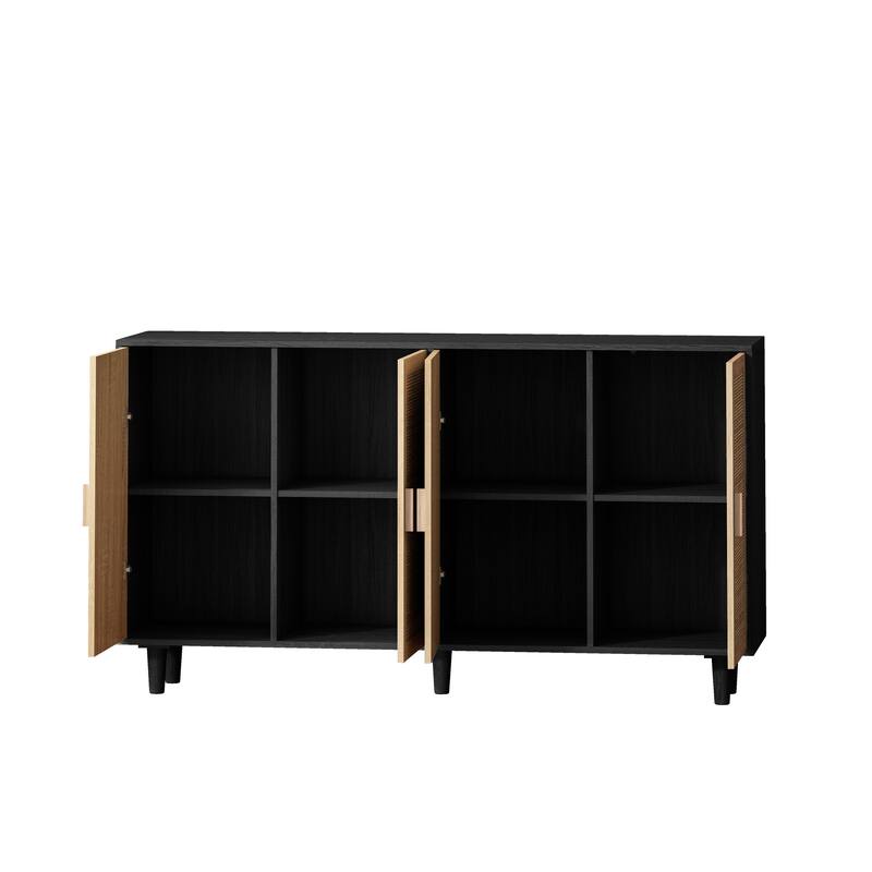62.20" Modern Rattan Decorative Storage Cabinet with Solid Wood Legs, 4 Doors, Adjustable Shelves Versatile for Home,Office