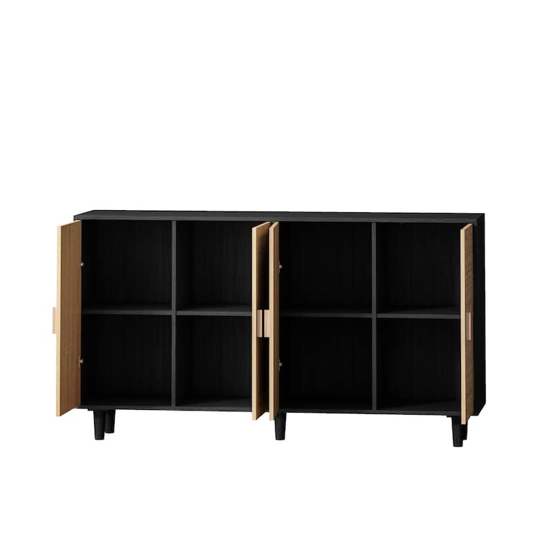 62.20" Modern Rattan Decorative Storage Cabinet with Solid Wood Legs, 4 Doors, Adjustable Shelves Versatile for Home and Office