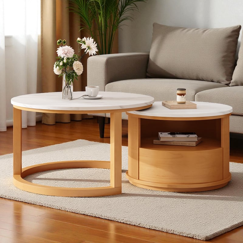 28.5'' Round Nesting Coffee Table Set with White Marble Top, 2-Tier Storage & 1 Drawer, Natural Wood Base