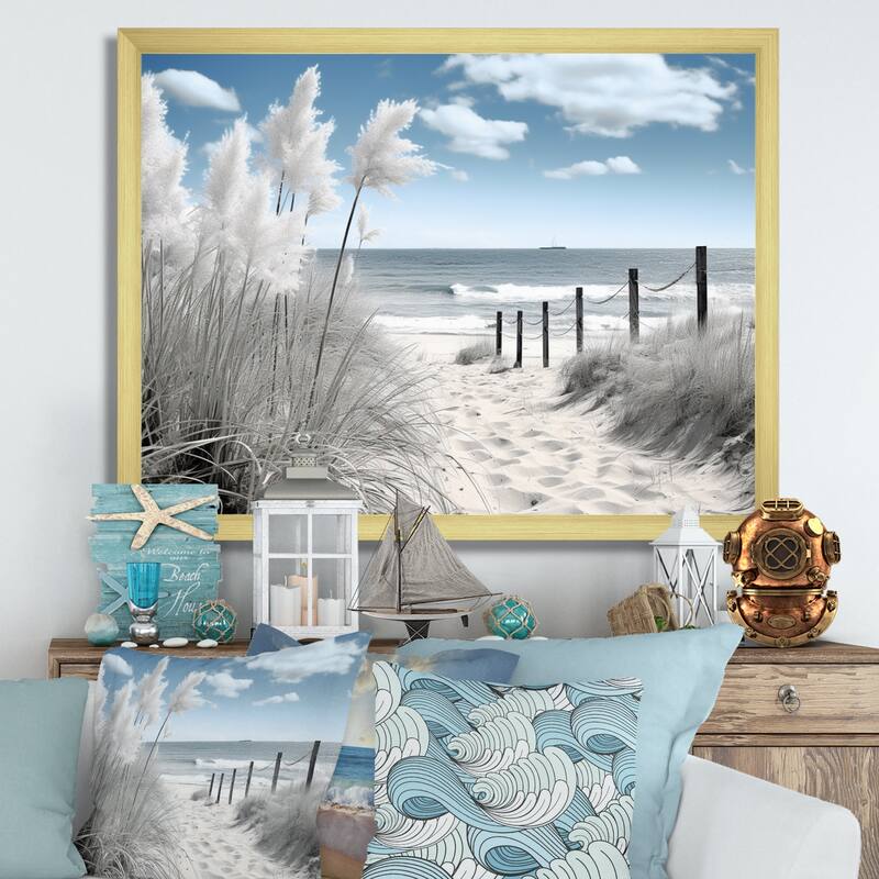 Designart "Beach Seascape Dreams Path II" Nautical & Beach Framed Canvas Prints - Gold - 32 in. wide x 24 in. high