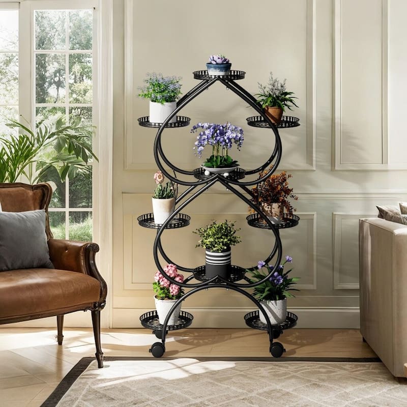 Iron Metal Plant Stand 9-Potted Flower Holder with Wheels Display Rack - 28.7x11.8x48.8 inch