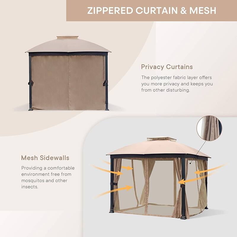 10X10FT Softtop Metal Gazebo with Mosquito Net&Sunshade Curtains