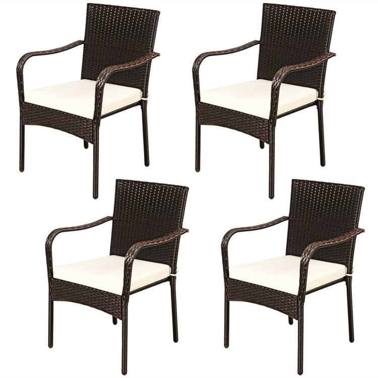 Set of 4 Patio Rattan Stackable Dining Chair with Cushioned Armrest for Garden - 24" x 23" x 34" (L x W x H)