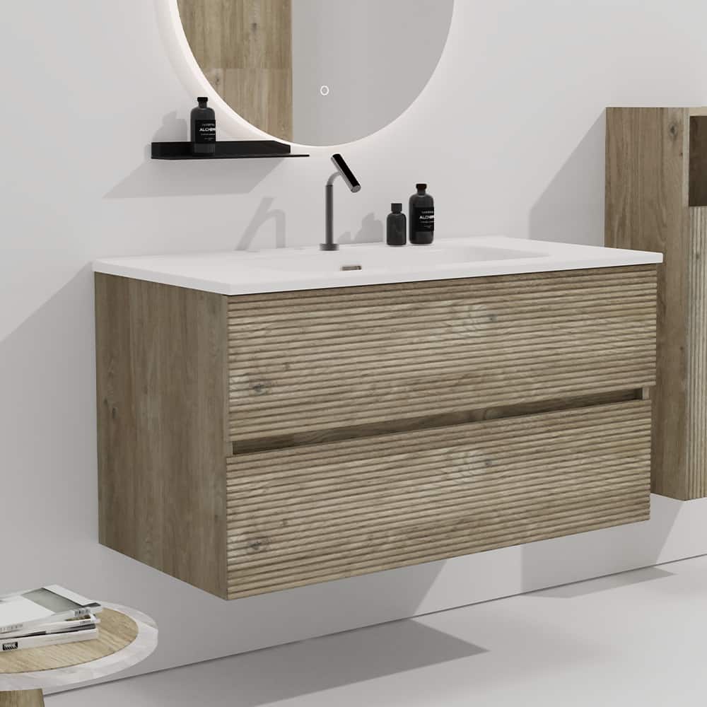 35" Modern Bathroom Vanity with Silent Soft-Closing Drawers, Eco-Friendly Natural Oak Finish