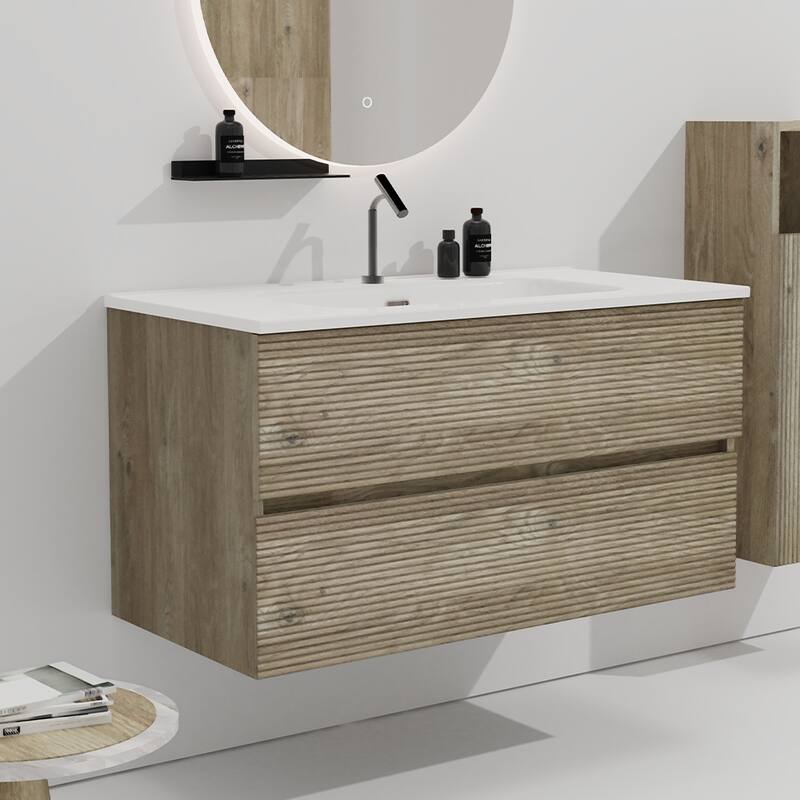 GDFStudio - Gloria Floating Bathroom Vanity with Integrated Ceramic Sink and Soft-Close Storage - OAK - 36"