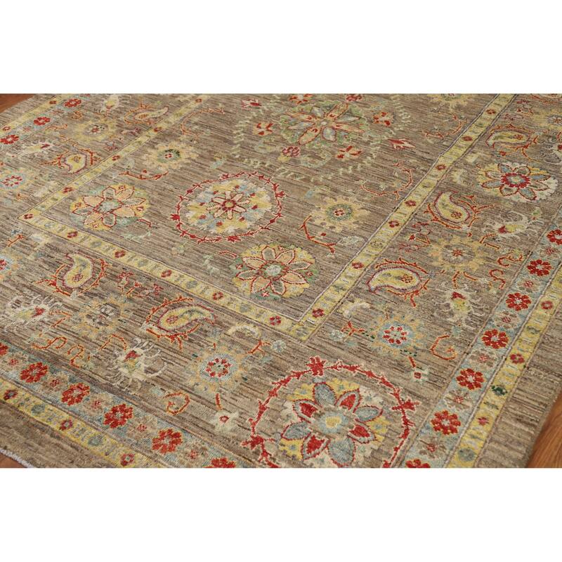 Hand Knotted Oriental 100% Wool Carpet Transitional All-Over Brown Oushak Area Rug - 9' 1'' X 6' 6''