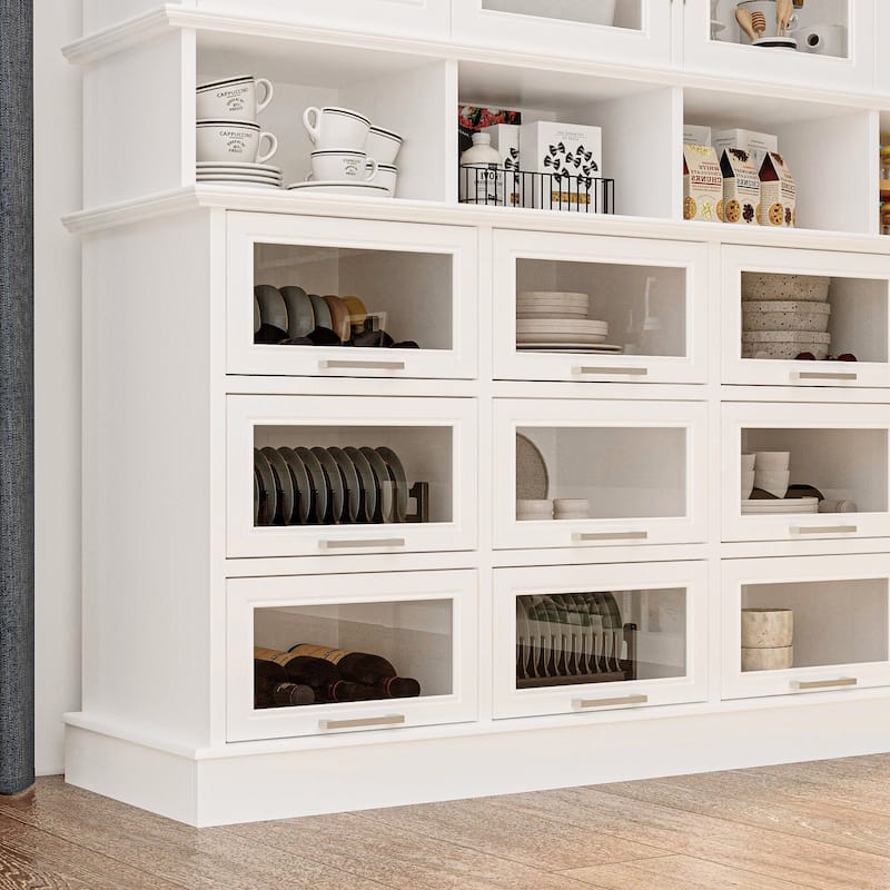 Large Kitchen Pantry Cabinet with Glass Doors and Bottom-Pull Drawers