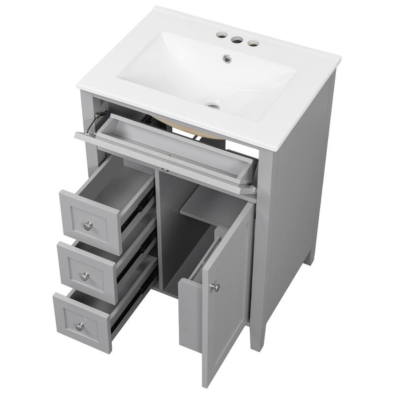 24" Bathroom Vanity with Sink, MDF & Rubberwood Construction, 3 Drawers & Cabinet with Adjustable Shelves