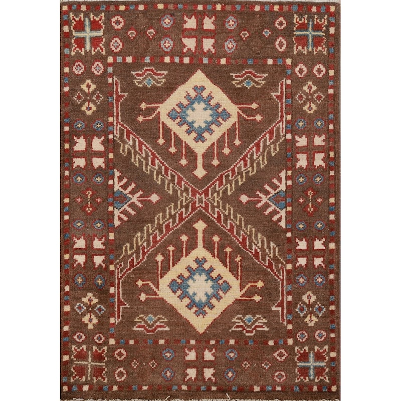 Brown Kazak Oriental Accent Foyer Rug Hand-Knotted Wool Carpet - 2'0"x 3'0"