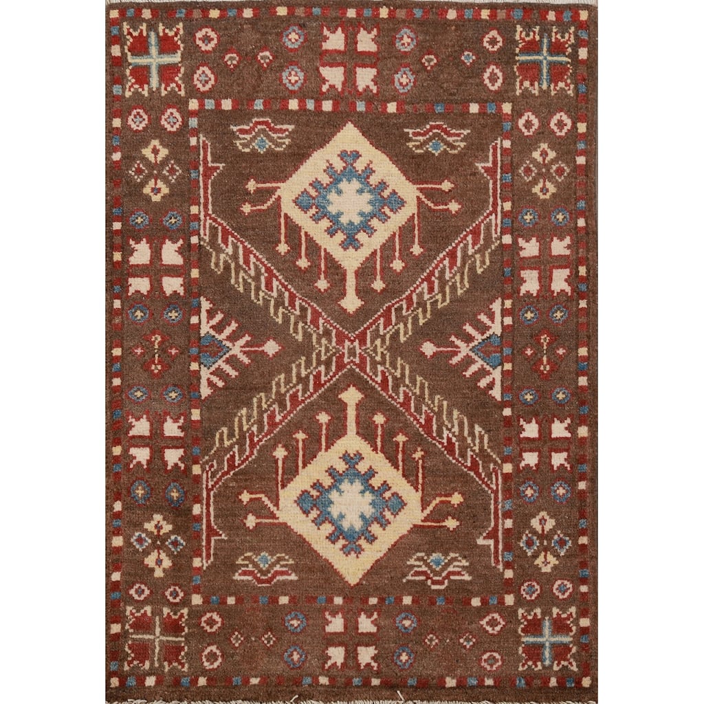 Brown Kazak Oriental Accent Foyer Rug Hand-Knotted Wool Carpet - 2'0"x 3'0"