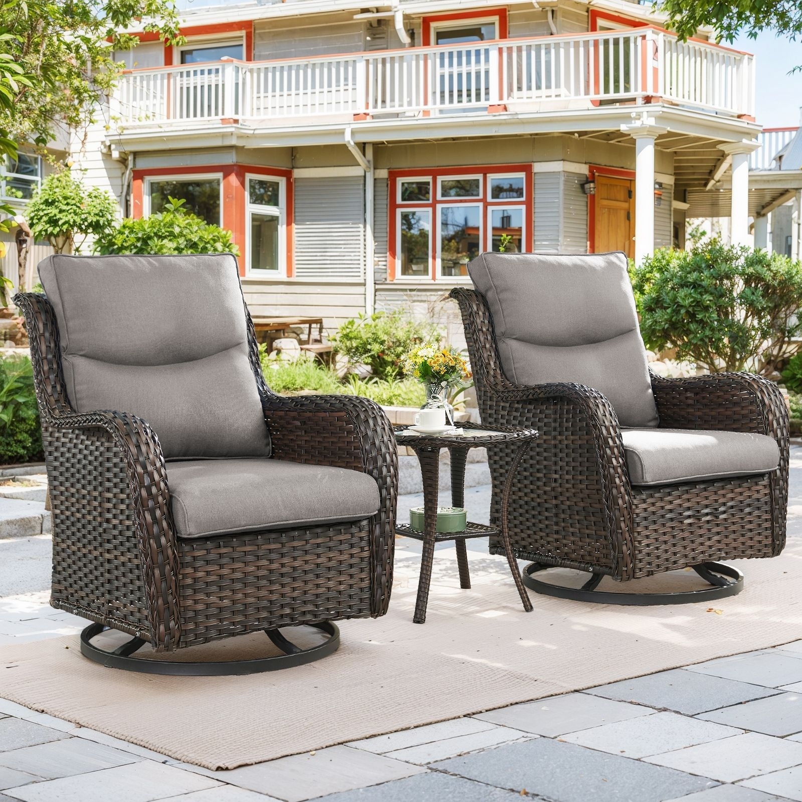 3 Pieces Wicker Swivel Glider Chairs with Side Table- Grey cushion - Brown