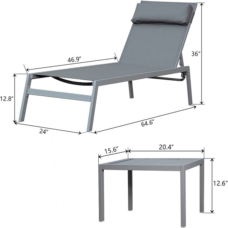 Patio Chaise Lounge Set, 3 Pieces Adjustable Backrest Pool Lounge Chairs Steel Textilene Sunbathing Recliner With Headrest
