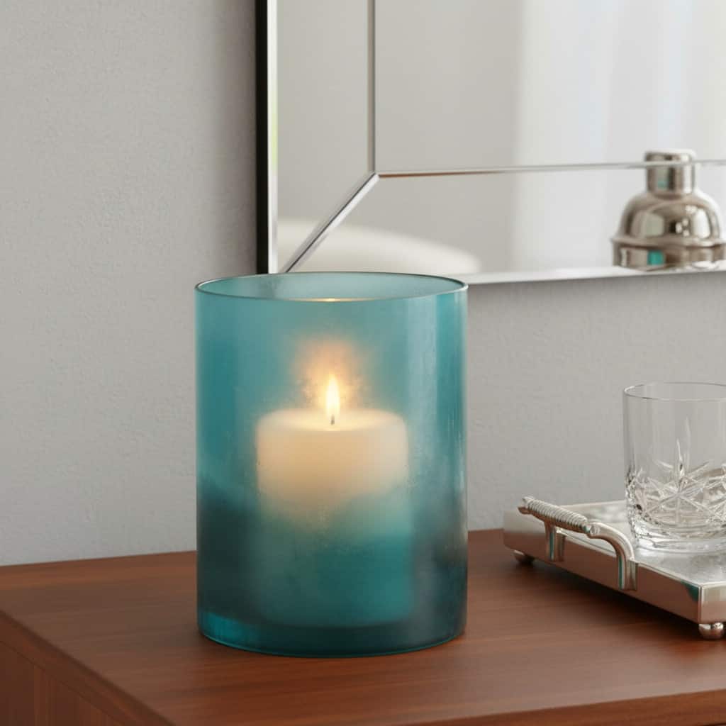 Glass Frosted Bottom Hurricane Candle Holder - Blue