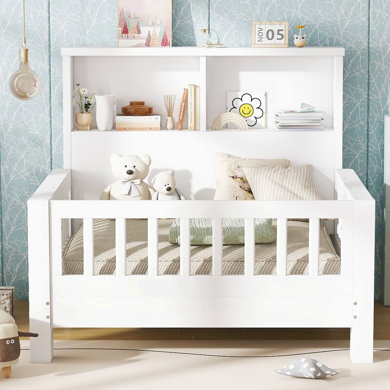 White Twin Platform Bed with Pull-Out Storage Headboard & Safety Rails!