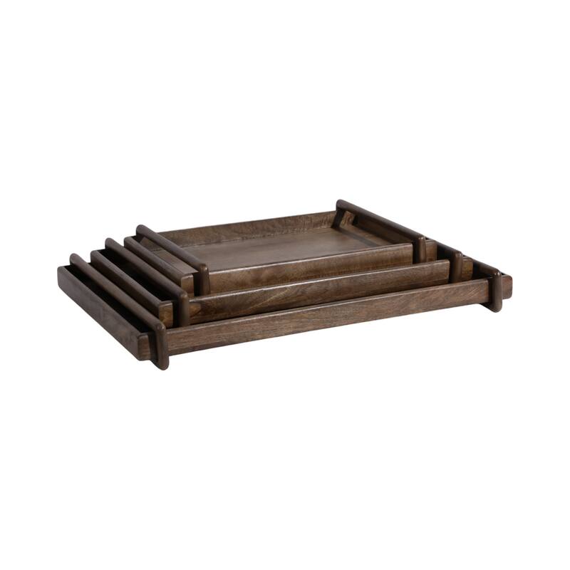 Wooden Decorative Tray with Side Handles - Set of 3 - Brown, 18"-22" - 26.0"